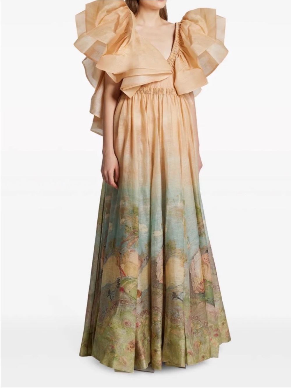 Designer Peach Ombre Maxi Gown with Pastel Scenic Print